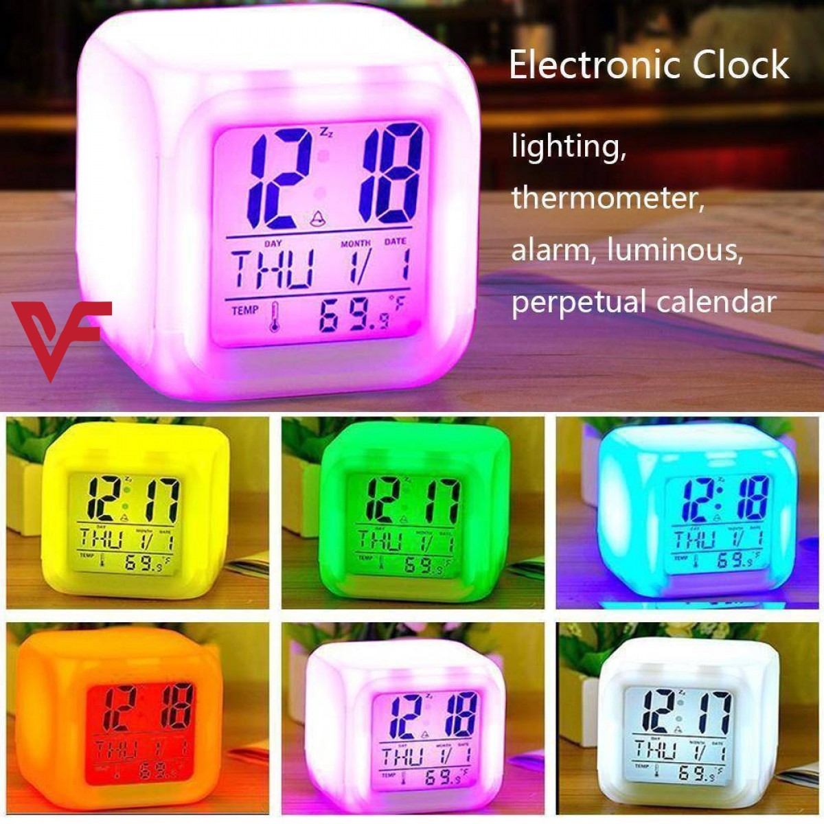 7 Color Changing LED Digital Alarm Clock – Large Display Table Clock with Temperature, Calendar & Battery Operated Night Light Cube for Home, Bedroom & Office