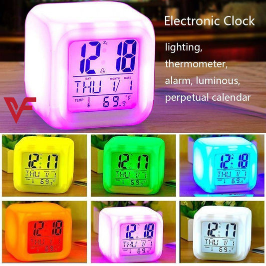 7 Color Changing LED Digital Alarm Clock – Large Display Table Clock with Temperature, Calendar & Battery Operated Night Light Cube for Home, Bedroom & Office