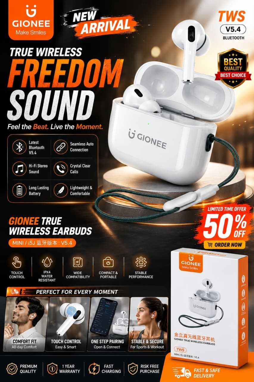 Gionee True Wireless Earbuds V5.4 – Bluetooth TWS Earphones with Silicone Case & Lanyard