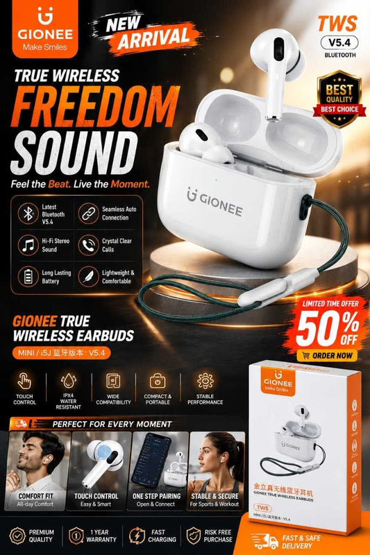Gionee True Wireless Earbuds V5.4 – Bluetooth TWS Earphones with Silicone Case & Lanyard